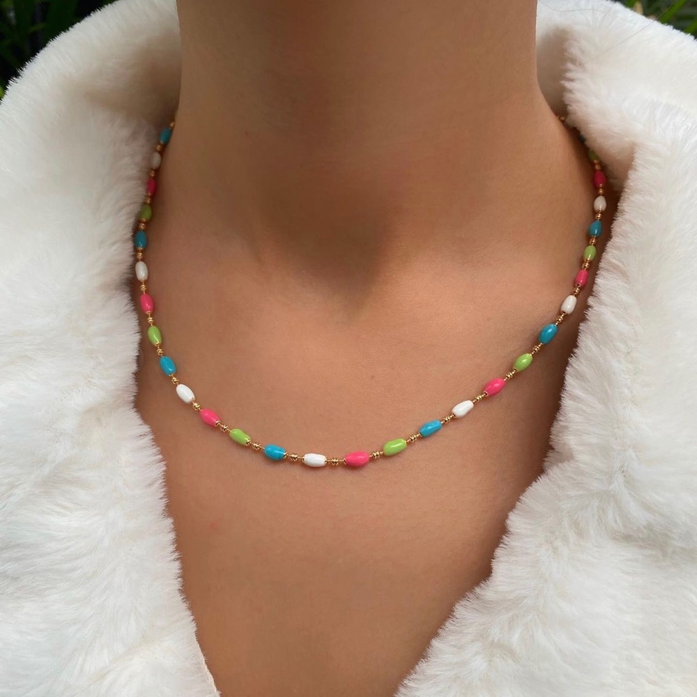 Enameled Colorful Beaded Necklace | 18K Gold Plated Chain | Luxury Jewelry